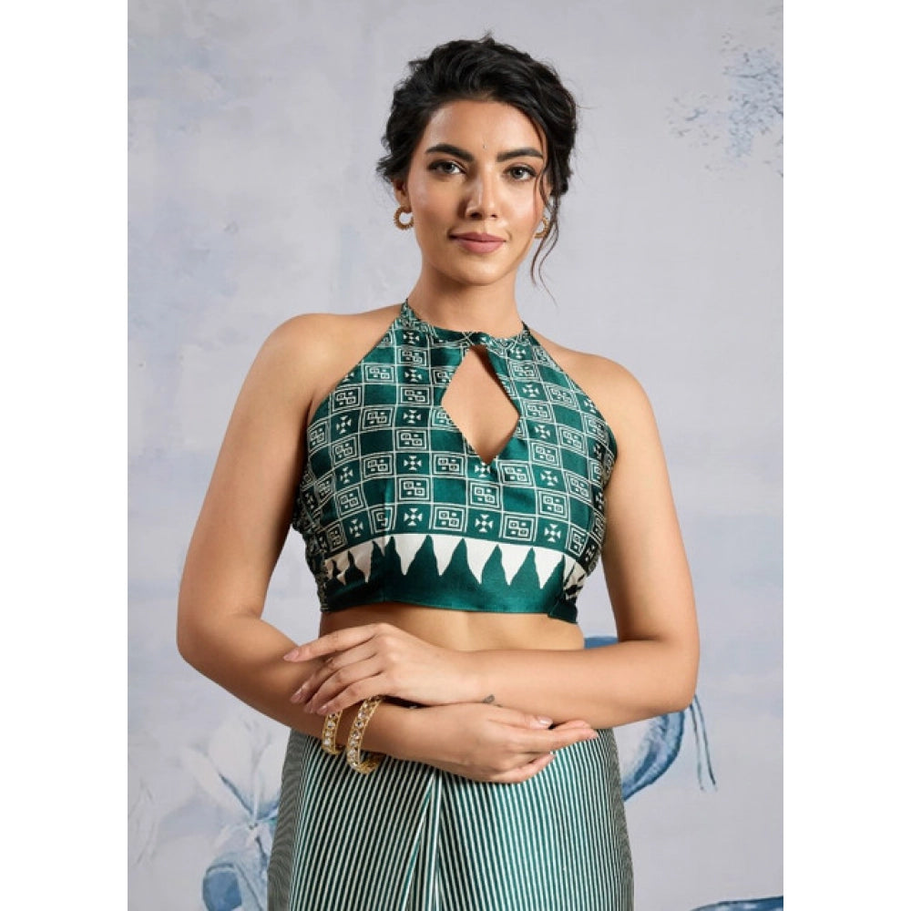 Generic Women's Satin Crepe Printed Saree With Unstitched Blouse 5.5Mtr (Green) - VANSHELLE