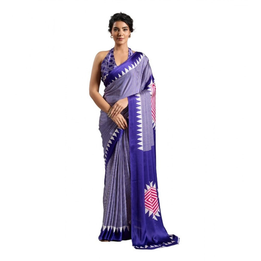 Generic Women's Satin Crepe Printed Saree With Unstitched Blouse 5.5Mtr (Purple) - VANSHELLE