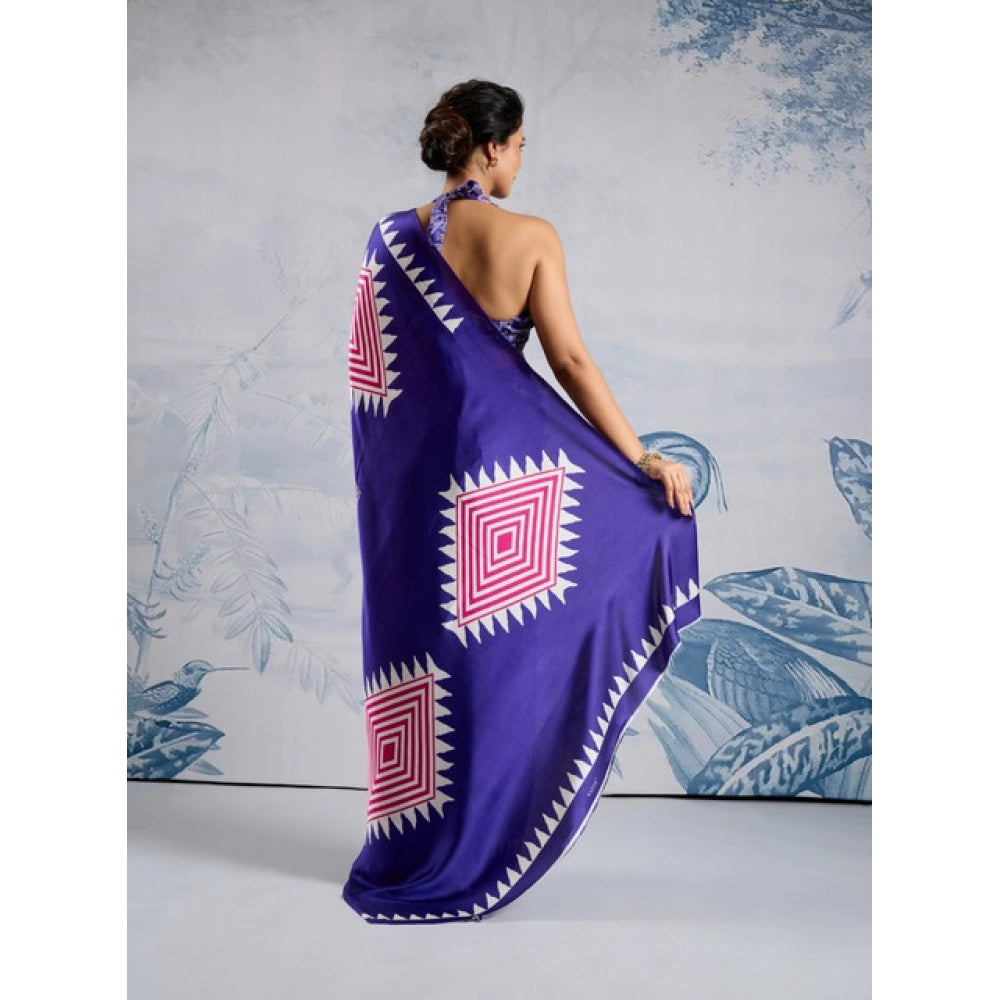 Generic Women's Satin Crepe Printed Saree With Unstitched Blouse 5.5Mtr (Purple) - VANSHELLE