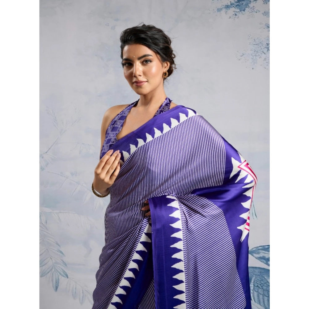 Generic Women's Satin Crepe Printed Saree With Unstitched Blouse 5.5Mtr (Purple) - VANSHELLE