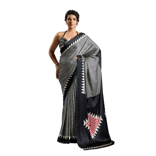 Generic Women's Satin Crepe Printed Saree With Unstitched Blouse 5.5Mtr (Black) - VANSHELLE