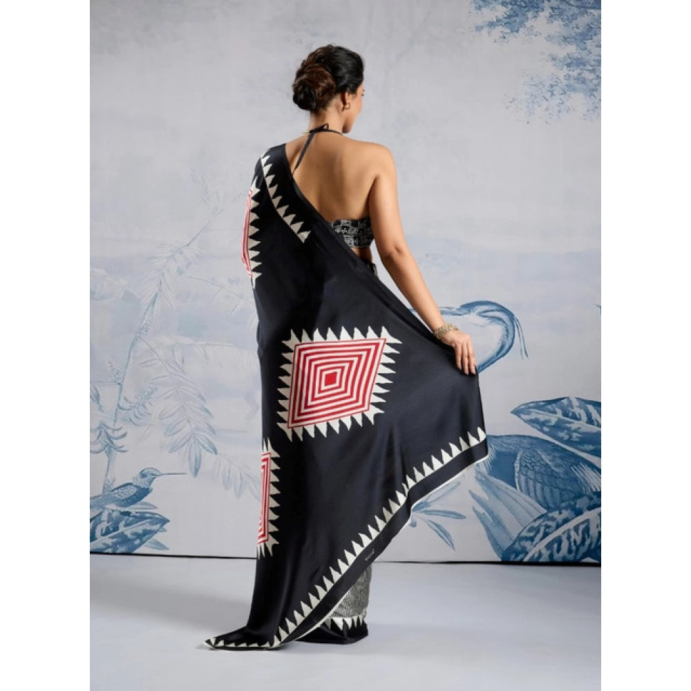 Generic Women's Satin Crepe Printed Saree With Unstitched Blouse 5.5Mtr (Black) - VANSHELLE