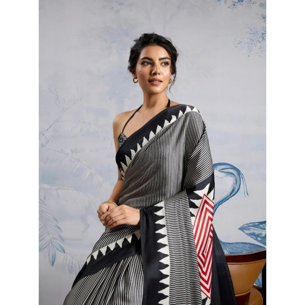 Generic Women's Satin Crepe Printed Saree With Unstitched Blouse 5.5Mtr (Black) - VANSHELLE