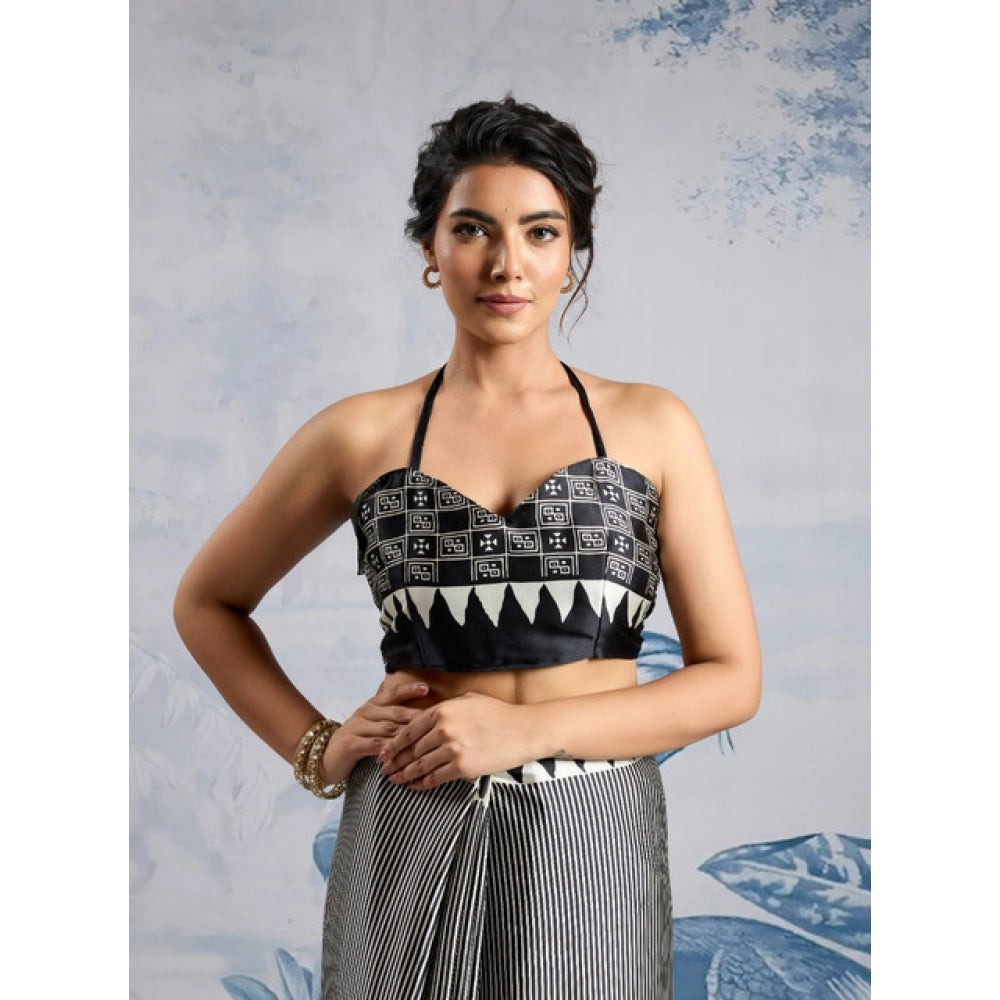 Generic Women's Satin Crepe Printed Saree With Unstitched Blouse 5.5Mtr (Black) - VANSHELLE