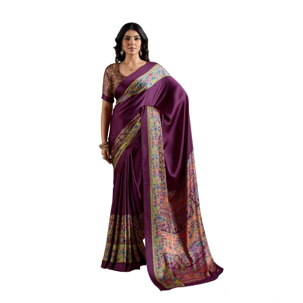 Generic Women's Satin Crepe Printed Saree With Unstitched Blouse 5.5Mtr (Purple) - VANSHELLE