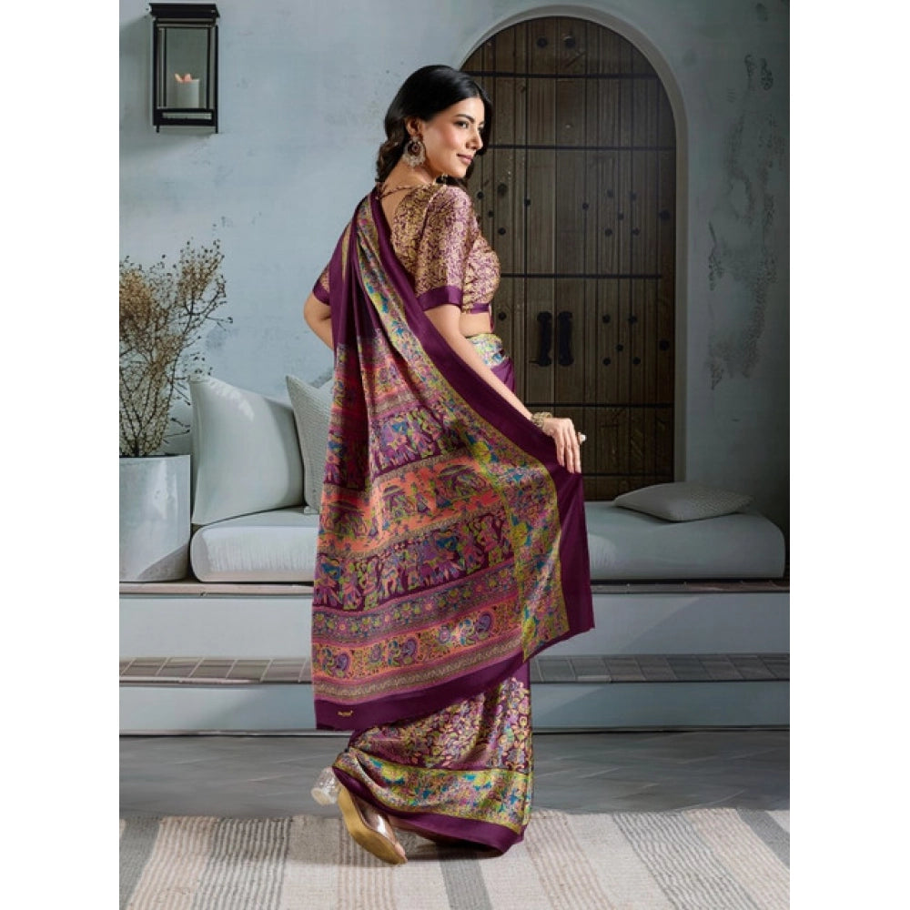 Generic Women's Satin Crepe Printed Saree With Unstitched Blouse 5.5Mtr (Purple) - VANSHELLE