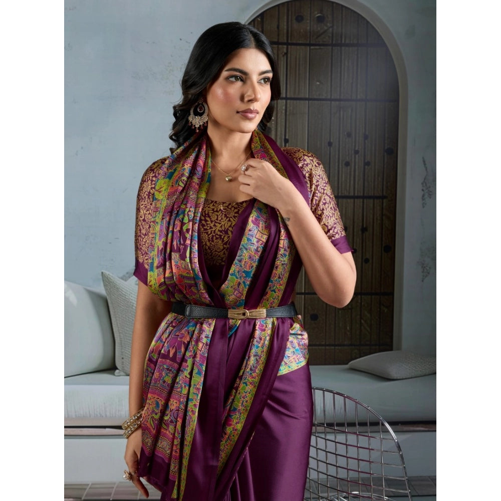 Generic Women's Satin Crepe Printed Saree With Unstitched Blouse 5.5Mtr (Purple) - VANSHELLE