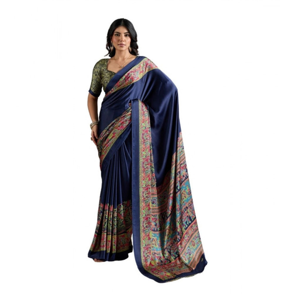 Generic Women's Satin Crepe Printed Saree With Unstitched Blouse 5.5Mtr (Navy Blue) - VANSHELLE