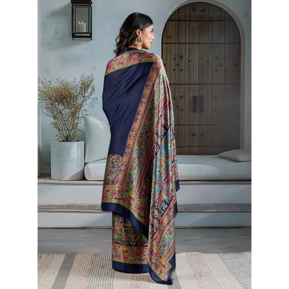 Generic Women's Satin Crepe Printed Saree With Unstitched Blouse 5.5Mtr (Navy Blue) - VANSHELLE