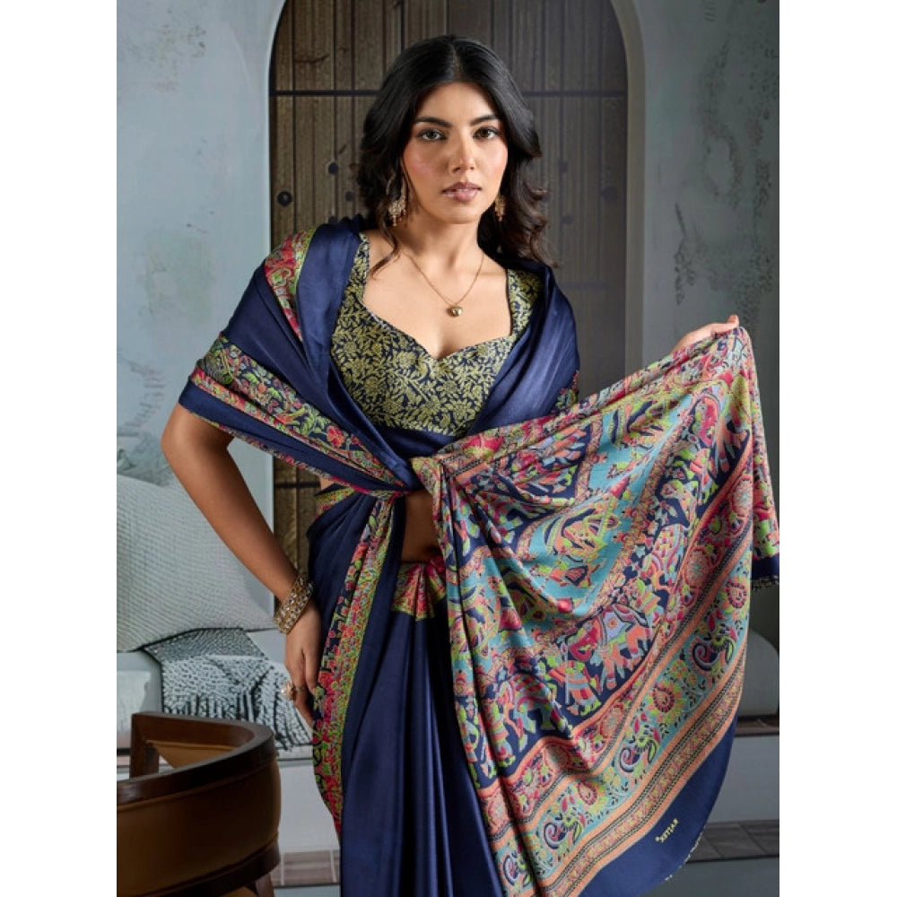 Generic Women's Satin Crepe Printed Saree With Unstitched Blouse 5.5Mtr (Navy Blue) - VANSHELLE