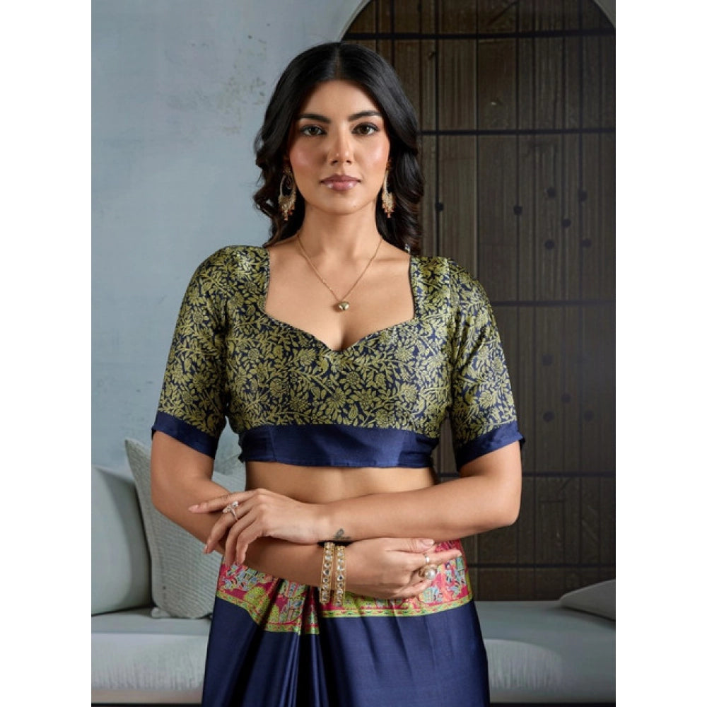 Generic Women's Satin Crepe Printed Saree With Unstitched Blouse 5.5Mtr (Navy Blue) - VANSHELLE