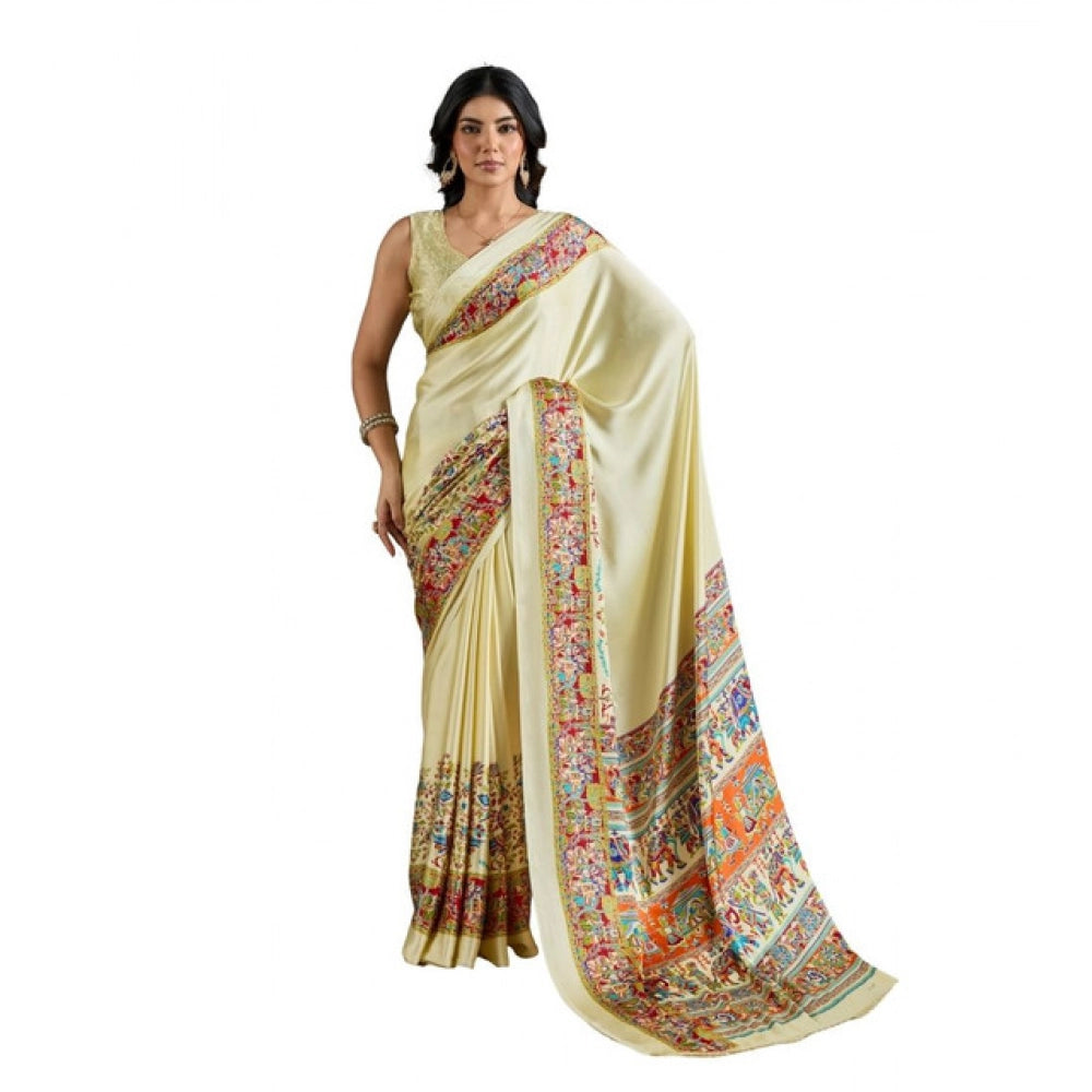 Generic Women's Satin Crepe Printed Saree With Unstitched Blouse 5.5Mtr (Cream) - VANSHELLE