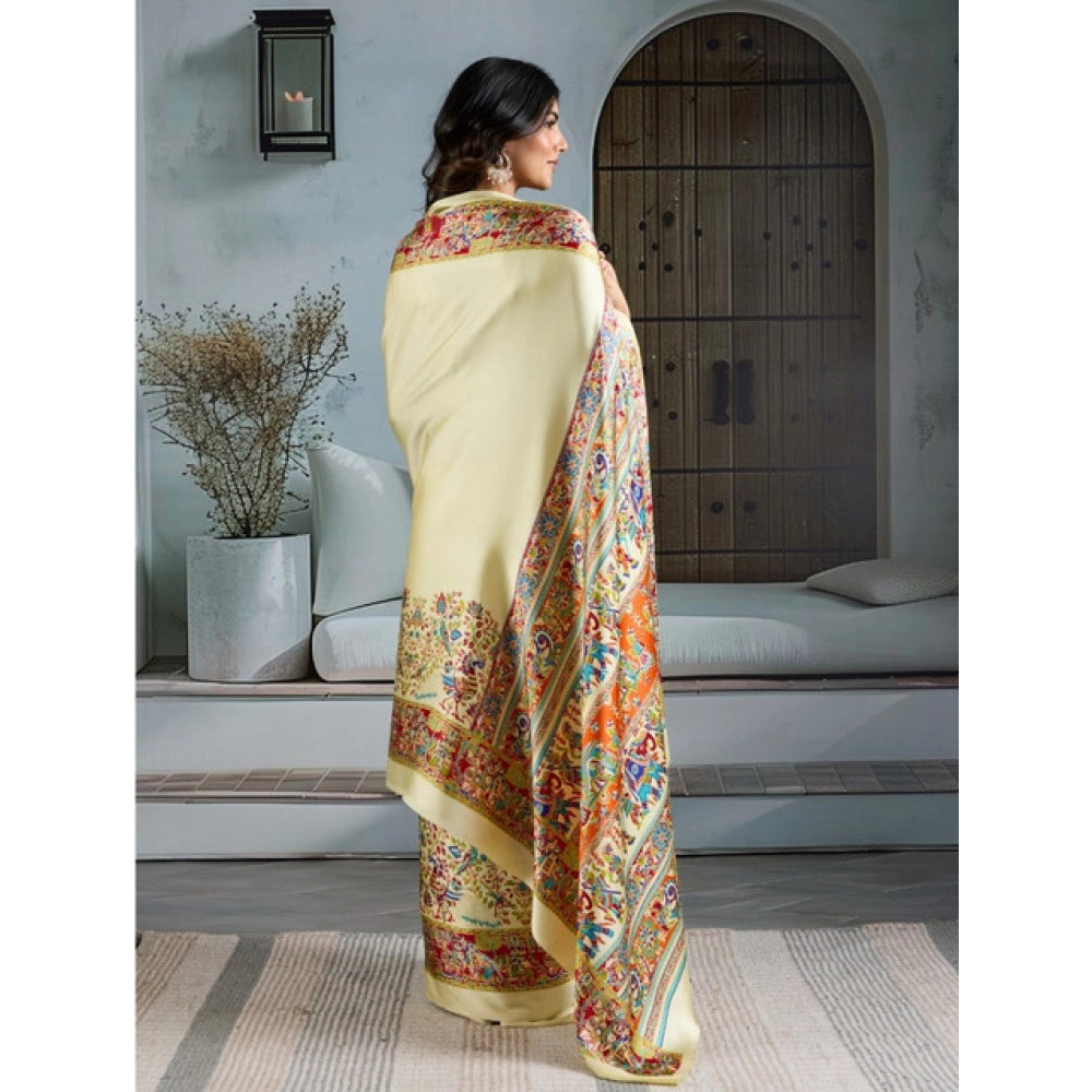 Generic Women's Satin Crepe Printed Saree With Unstitched Blouse 5.5Mtr (Cream) - VANSHELLE