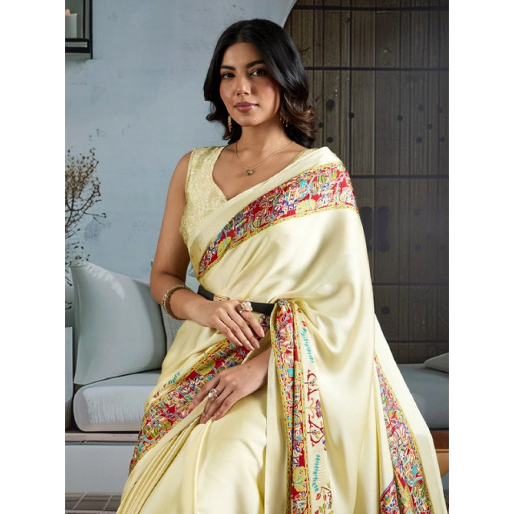 Generic Women's Satin Crepe Printed Saree With Unstitched Blouse 5.5Mtr (Cream) - VANSHELLE