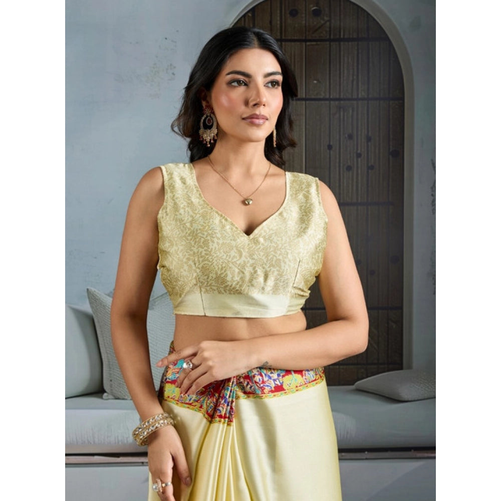 Generic Women's Satin Crepe Printed Saree With Unstitched Blouse 5.5Mtr (Cream) - VANSHELLE