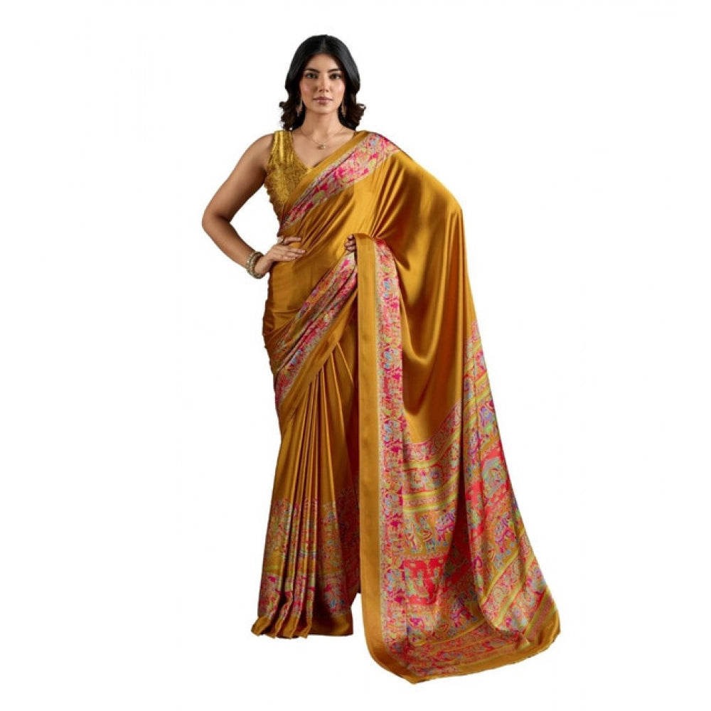 Generic Women's Satin Crepe Printed Saree With Unstitched Blouse 5.5Mtr (Mustard) - VANSHELLE