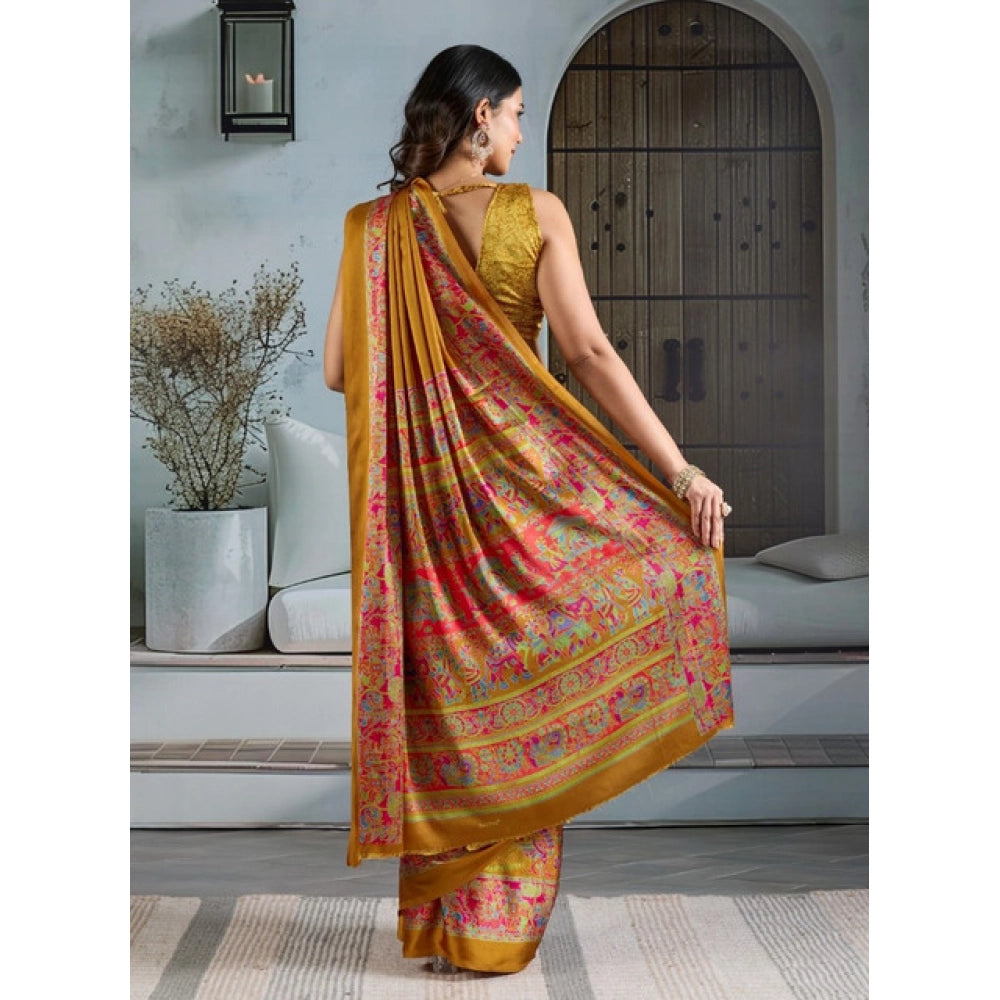 Generic Women's Satin Crepe Printed Saree With Unstitched Blouse 5.5Mtr (Mustard) - VANSHELLE