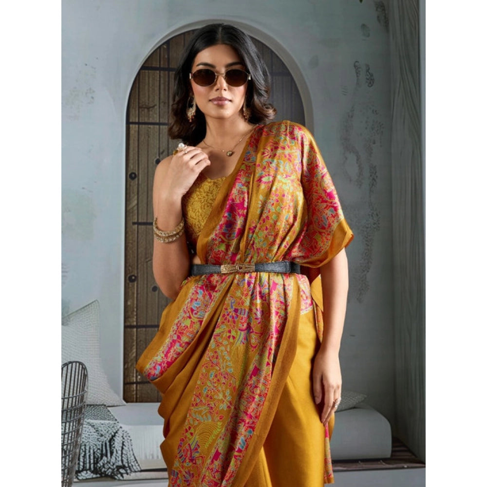 Generic Women's Satin Crepe Printed Saree With Unstitched Blouse 5.5Mtr (Mustard) - VANSHELLE
