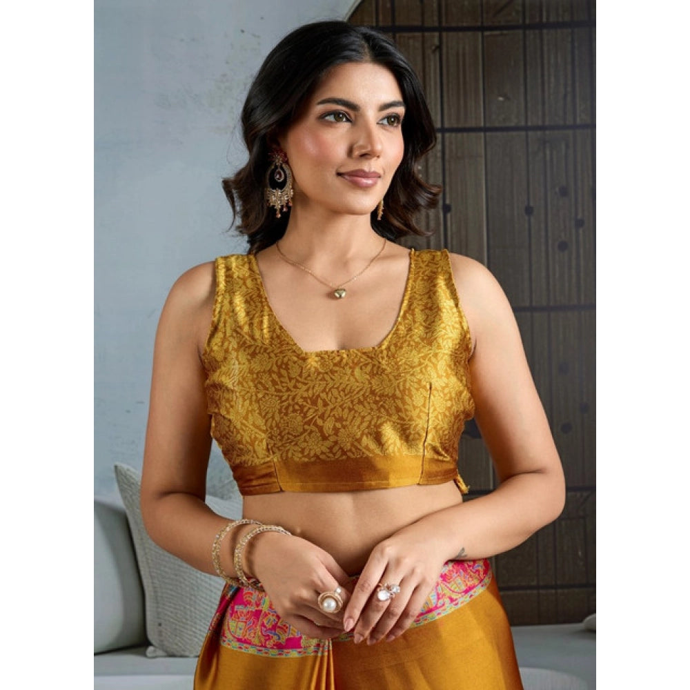 Generic Women's Satin Crepe Printed Saree With Unstitched Blouse 5.5Mtr (Mustard) - VANSHELLE