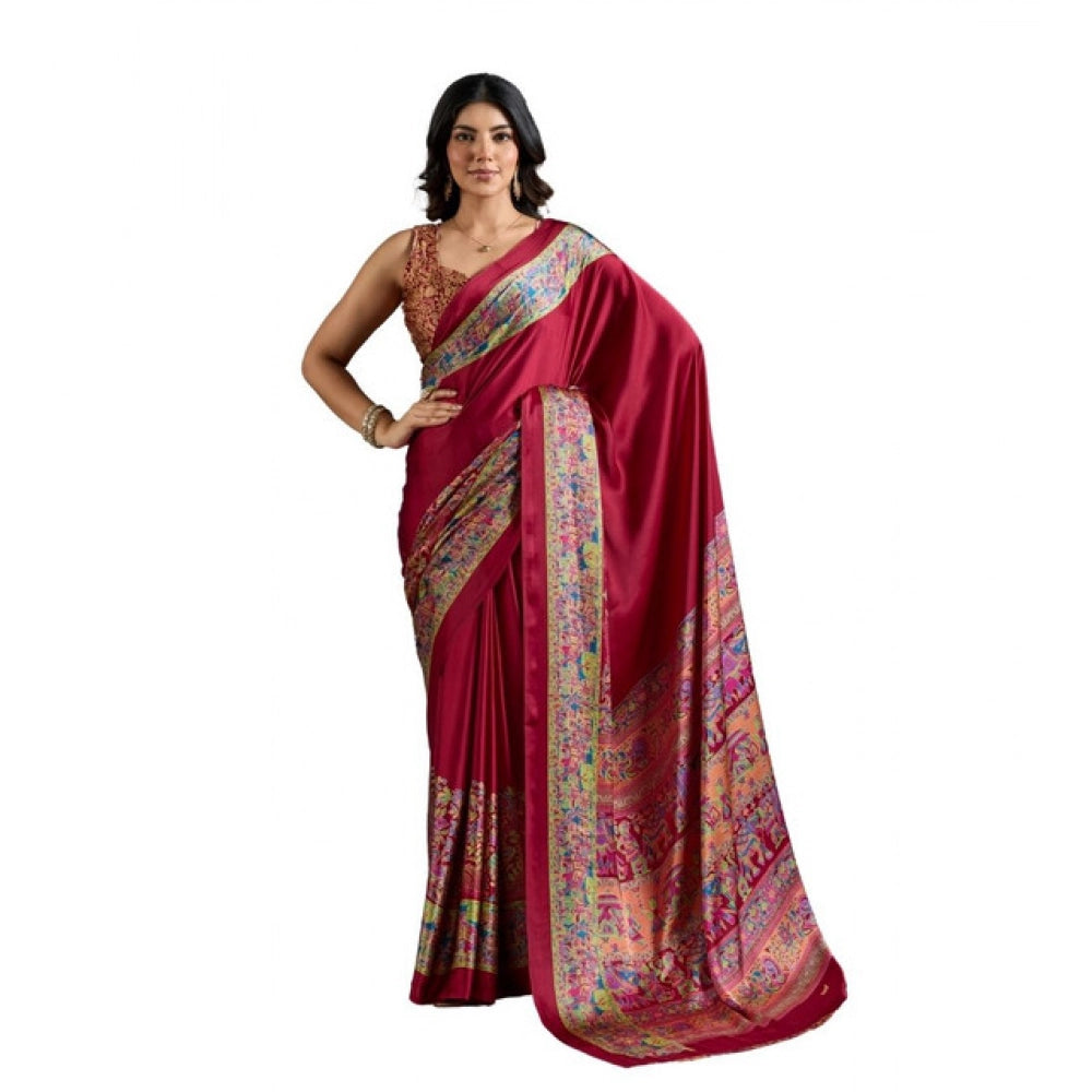 Generic Women's Satin Crepe Printed Saree With Unstitched Blouse 5.5Mtr (Maroon) - VANSHELLE