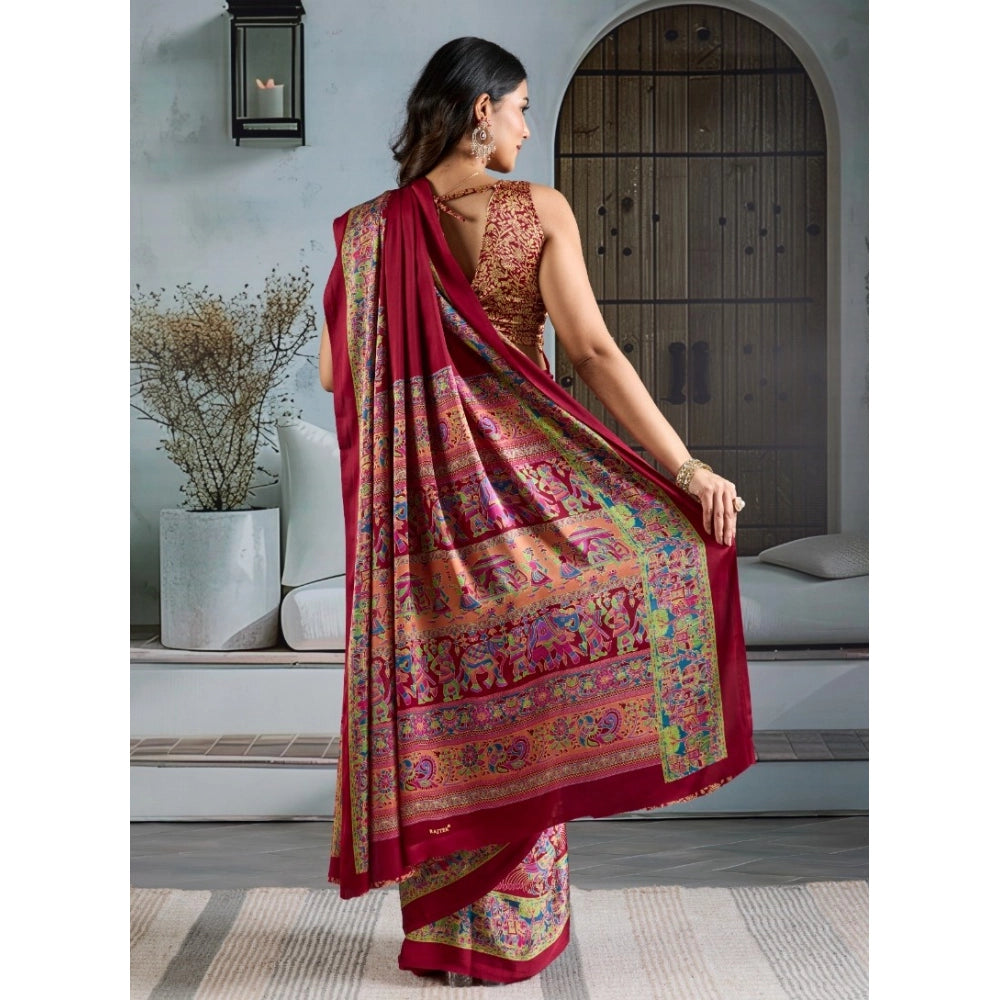 Generic Women's Satin Crepe Printed Saree With Unstitched Blouse 5.5Mtr (Maroon) - VANSHELLE