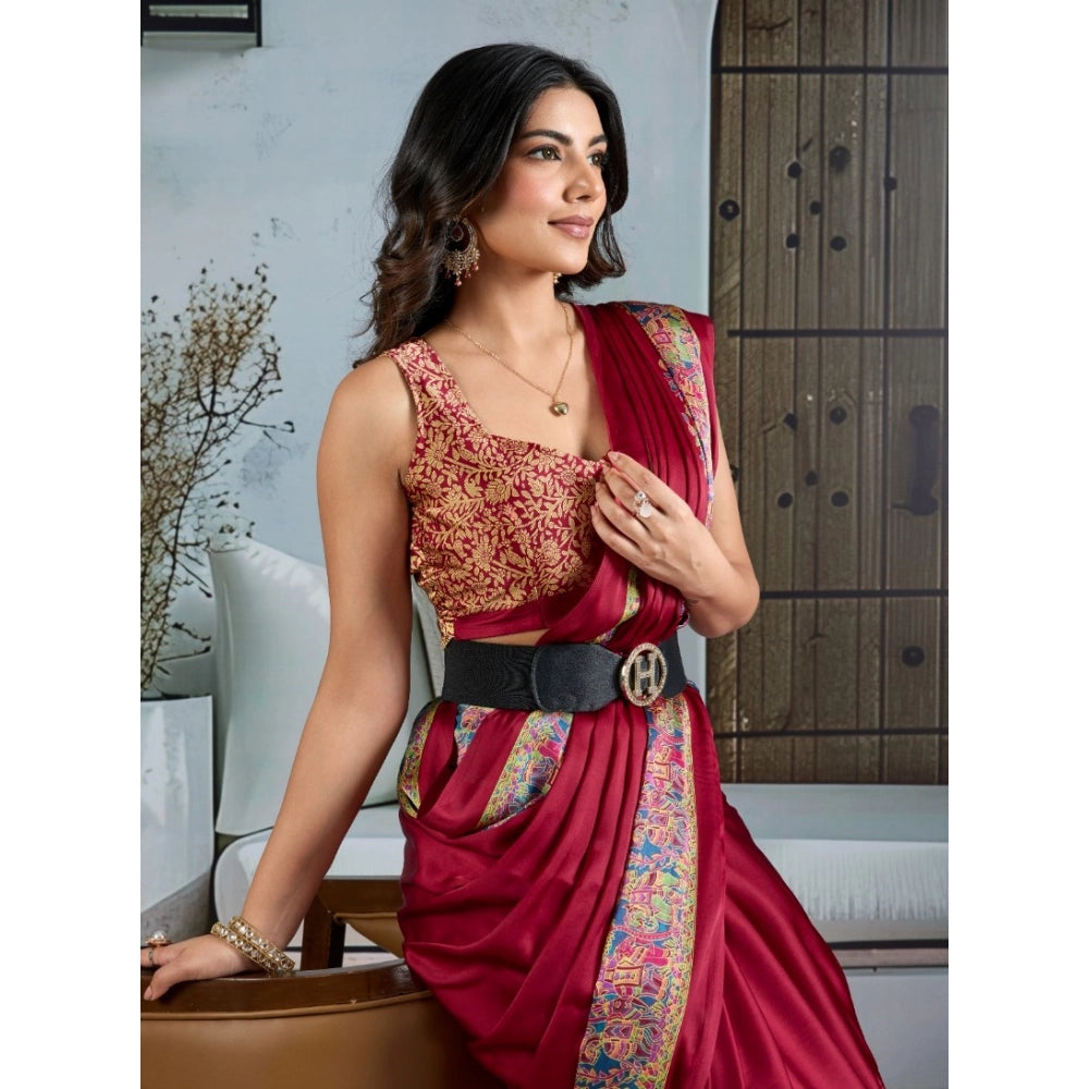Generic Women's Satin Crepe Printed Saree With Unstitched Blouse 5.5Mtr (Maroon) - VANSHELLE