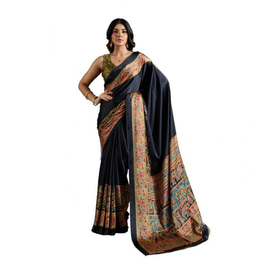 Generic Women's Satin Crepe Printed Saree With Unstitched Blouse 5.5Mtr (Blue) - VANSHELLE