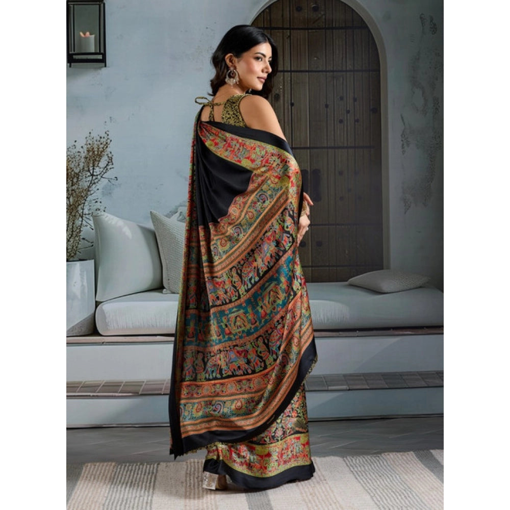 Generic Women's Satin Crepe Printed Saree With Unstitched Blouse 5.5Mtr (Blue) - VANSHELLE