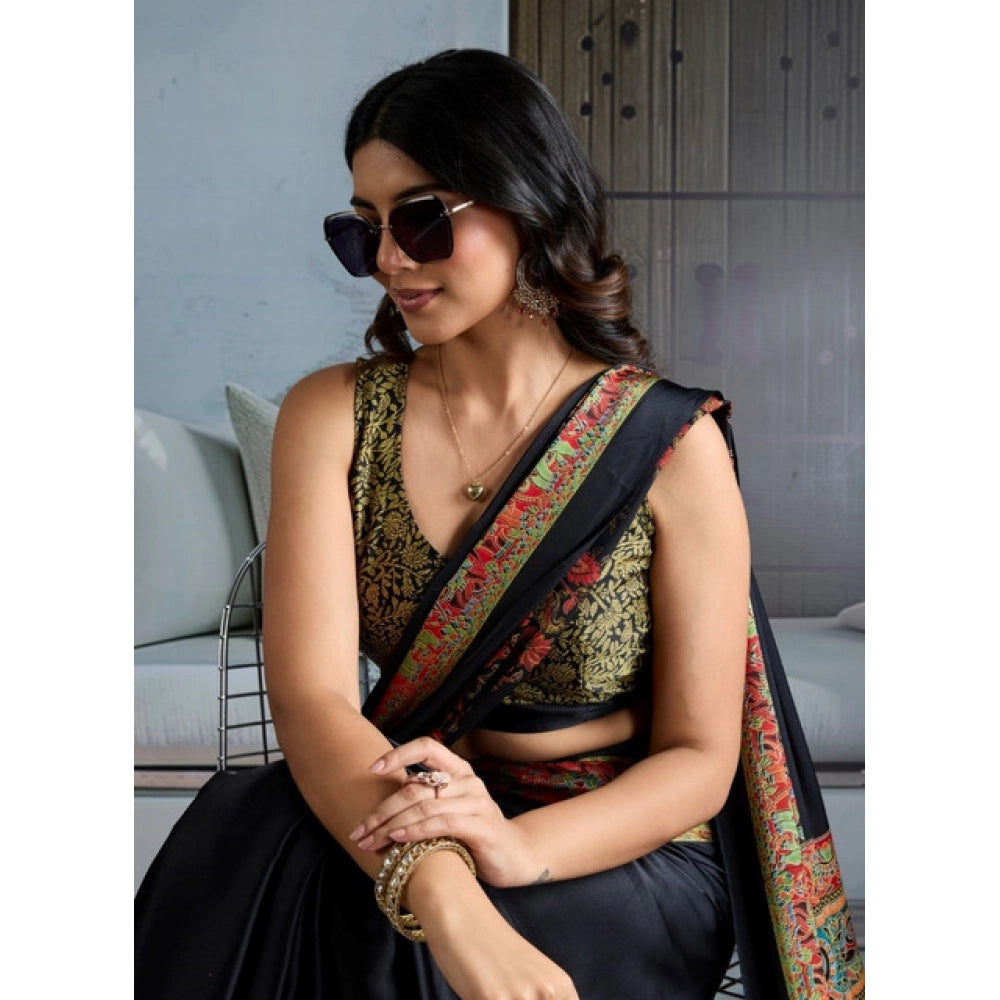 Generic Women's Satin Crepe Printed Saree With Unstitched Blouse 5.5Mtr (Blue) - VANSHELLE