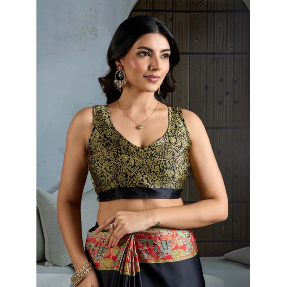 Generic Women's Satin Crepe Printed Saree With Unstitched Blouse 5.5Mtr (Blue) - VANSHELLE