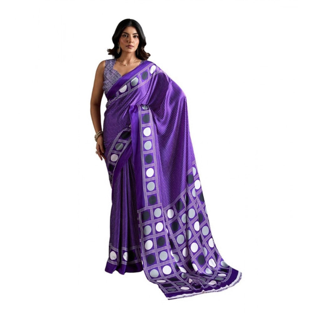 Generic Women's Satin Crepe Printed Saree With Unstitched Blouse 5.5Mtr (Purple) - VANSHELLE