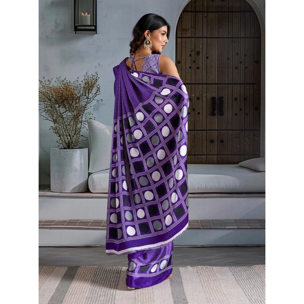Generic Women's Satin Crepe Printed Saree With Unstitched Blouse 5.5Mtr (Purple) - VANSHELLE
