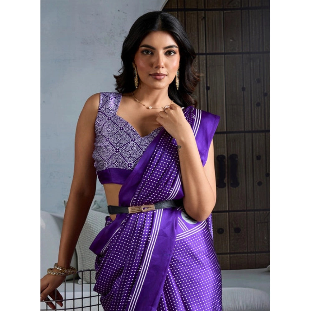 Generic Women's Satin Crepe Printed Saree With Unstitched Blouse 5.5Mtr (Purple) - VANSHELLE