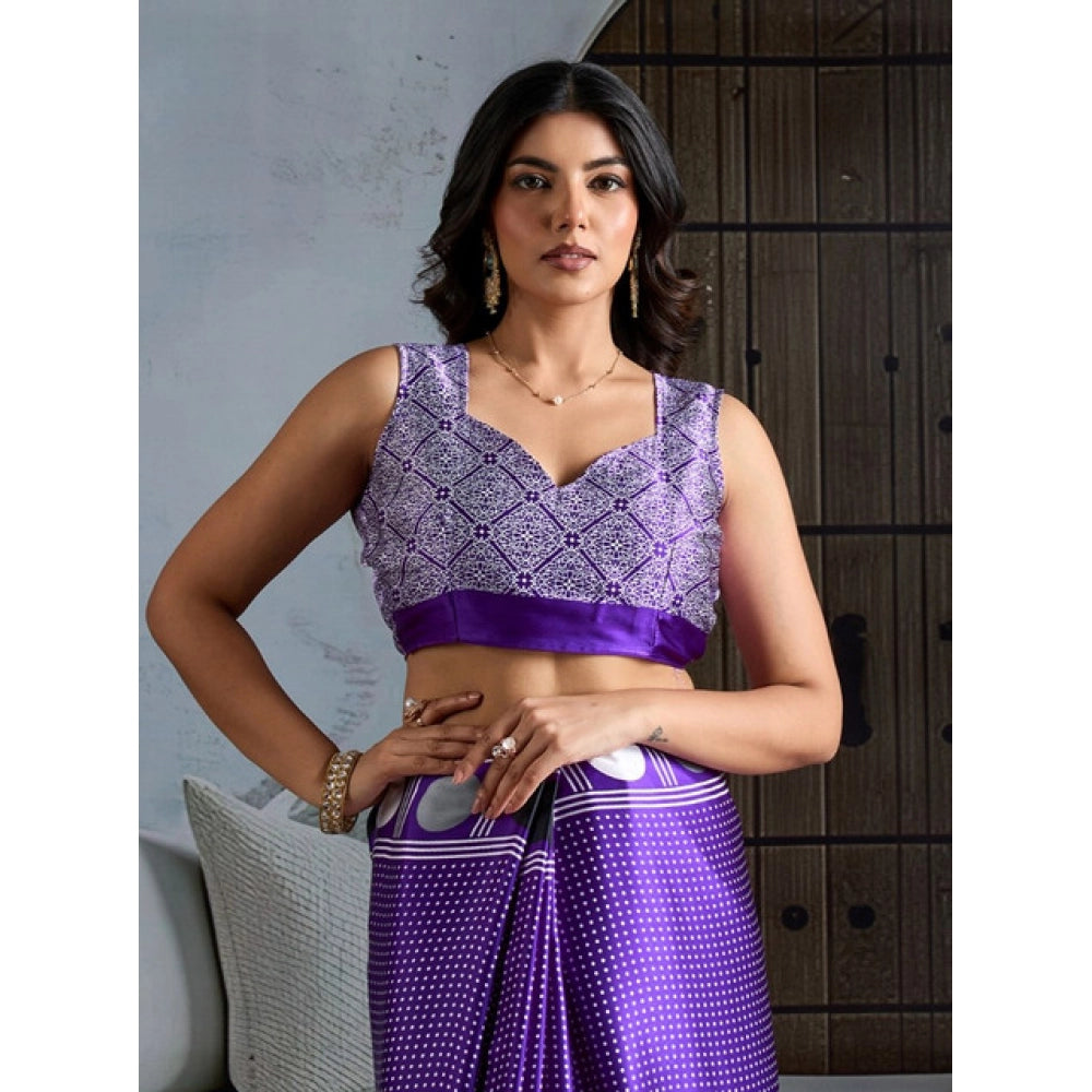 Generic Women's Satin Crepe Printed Saree With Unstitched Blouse 5.5Mtr (Purple) - VANSHELLE