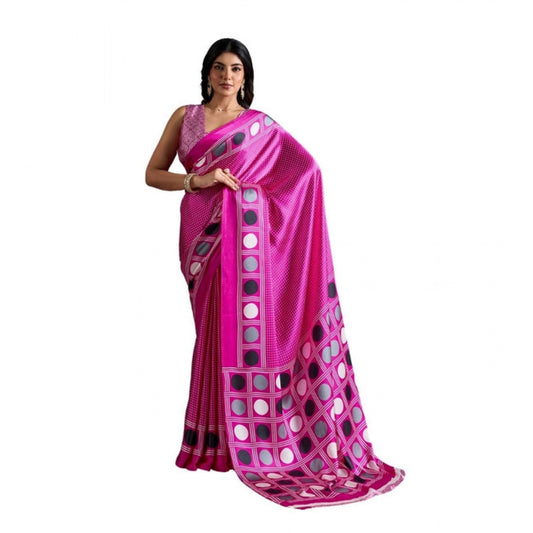 Generic Women's Satin Crepe Printed Saree With Unstitched Blouse 5.5Mtr (Pink) - VANSHELLE