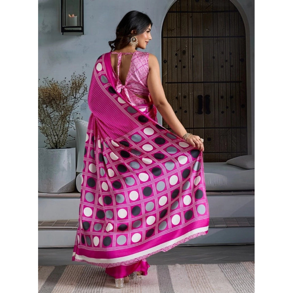 Generic Women's Satin Crepe Printed Saree With Unstitched Blouse 5.5Mtr (Pink) - VANSHELLE