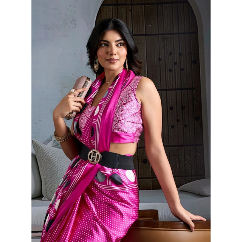 Generic Women's Satin Crepe Printed Saree With Unstitched Blouse 5.5Mtr (Pink) - VANSHELLE