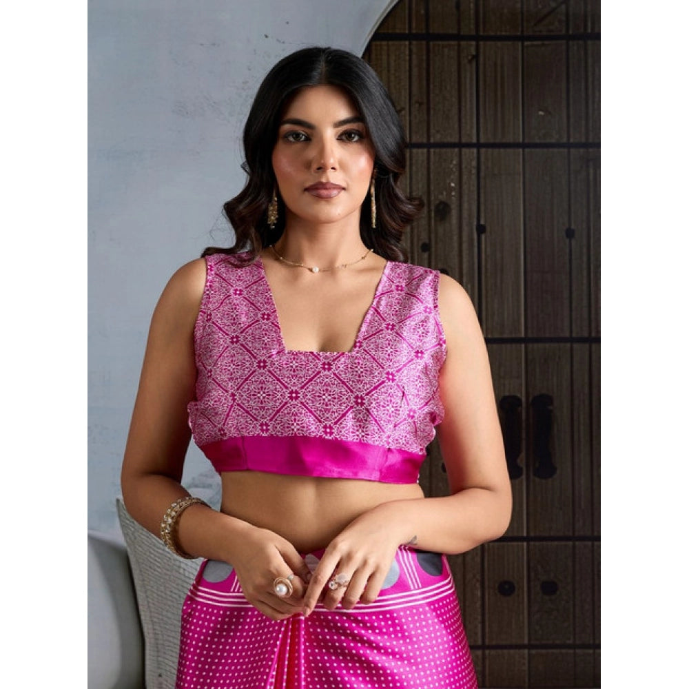 Generic Women's Satin Crepe Printed Saree With Unstitched Blouse 5.5Mtr (Pink) - VANSHELLE