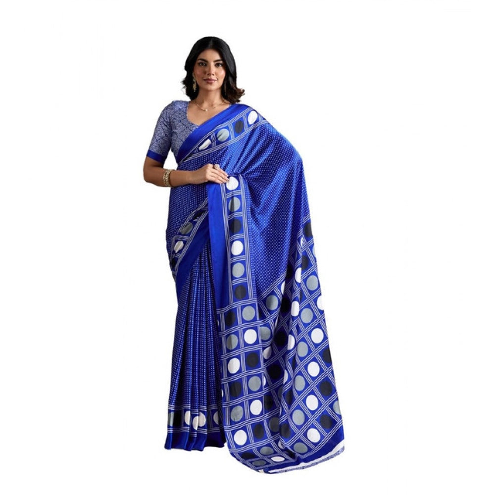 Generic Women's Satin Crepe Printed Saree With Unstitched Blouse 5.5Mtr (Blue) - VANSHELLE