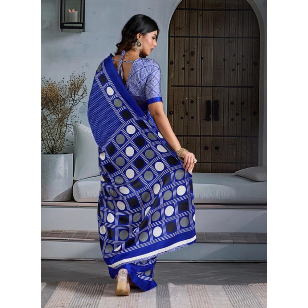 Generic Women's Satin Crepe Printed Saree With Unstitched Blouse 5.5Mtr (Blue) - VANSHELLE