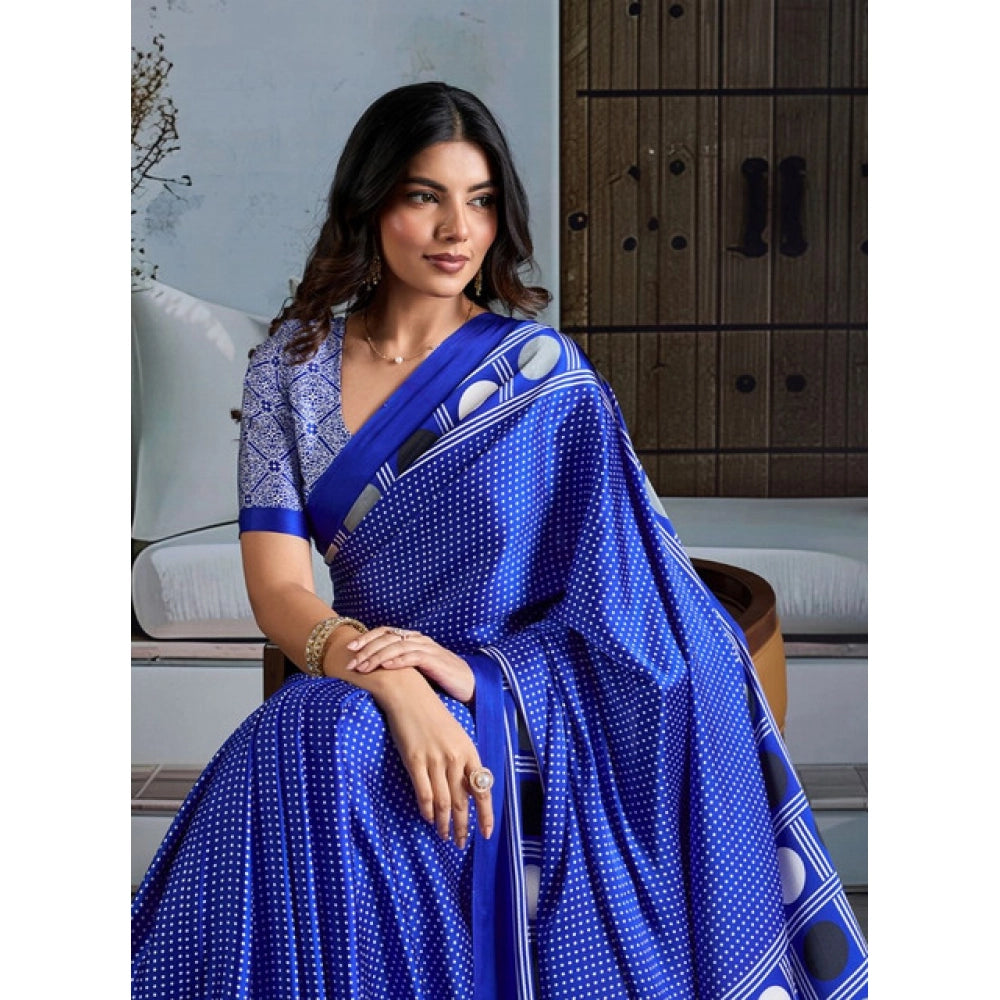 Generic Women's Satin Crepe Printed Saree With Unstitched Blouse 5.5Mtr (Blue) - VANSHELLE