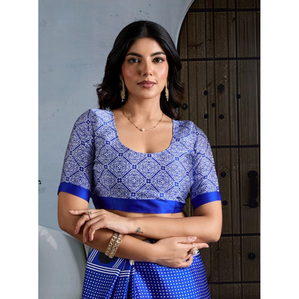 Generic Women's Satin Crepe Printed Saree With Unstitched Blouse 5.5Mtr (Blue) - VANSHELLE