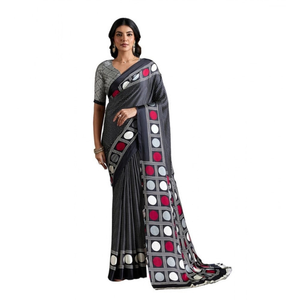 Generic Women's Satin Crepe Printed Saree With Unstitched Blouse 5.5Mtr (Black) - VANSHELLE