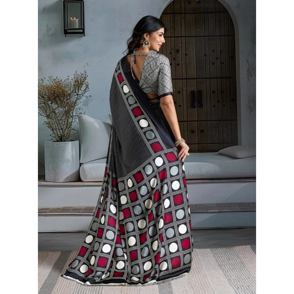 Generic Women's Satin Crepe Printed Saree With Unstitched Blouse 5.5Mtr (Black) - VANSHELLE