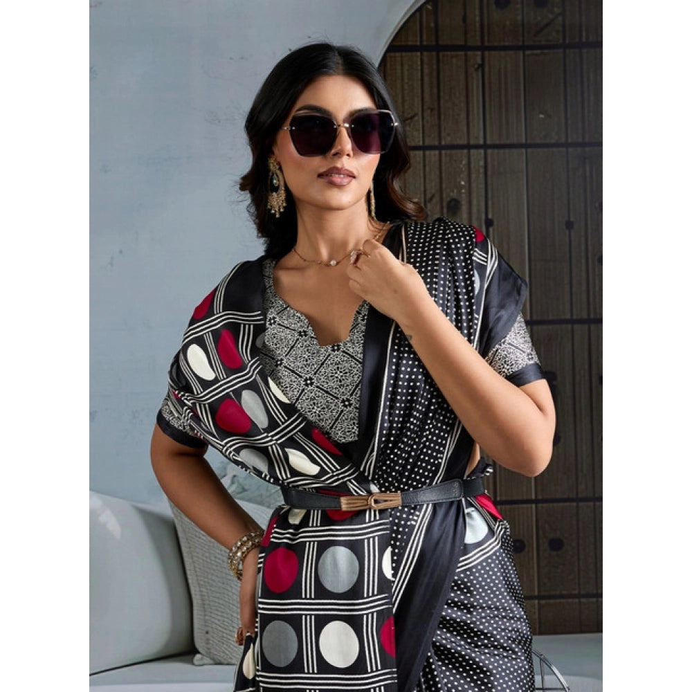 Generic Women's Satin Crepe Printed Saree With Unstitched Blouse 5.5Mtr (Black) - VANSHELLE