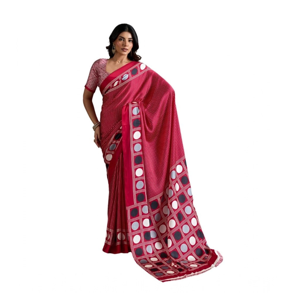 Generic Women's Satin Crepe Printed Saree With Unstitched Blouse 5.5Mtr (Red) - VANSHELLE