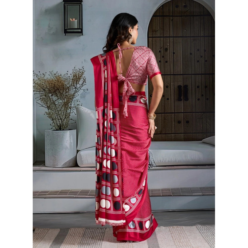Generic Women's Satin Crepe Printed Saree With Unstitched Blouse 5.5Mtr (Red) - VANSHELLE