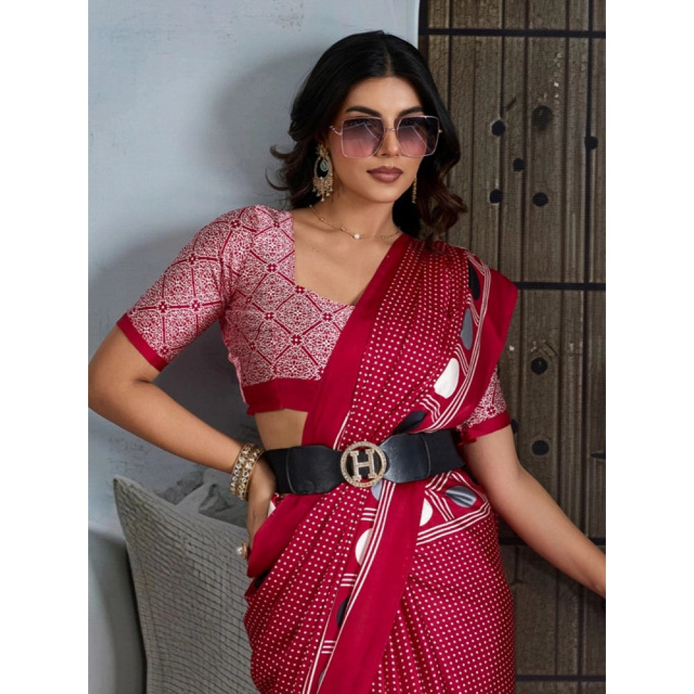 Generic Women's Satin Crepe Printed Saree With Unstitched Blouse 5.5Mtr (Red) - VANSHELLE