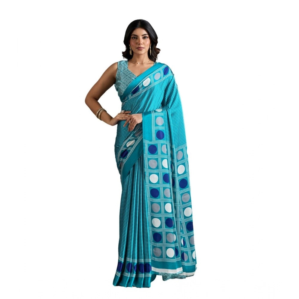 Generic Women's Satin Crepe Printed Saree With Unstitched Blouse 5.5Mtr (Sky Blue) - VANSHELLE