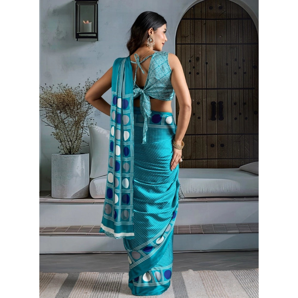Generic Women's Satin Crepe Printed Saree With Unstitched Blouse 5.5Mtr (Sky Blue) - VANSHELLE